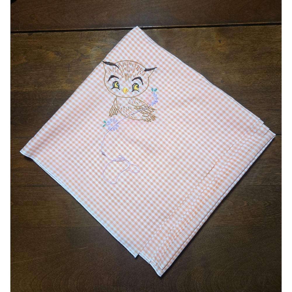 Owl Embroidered Gingham Peach Orange Table Cloth Cover 44"×46" Fabric Vintage